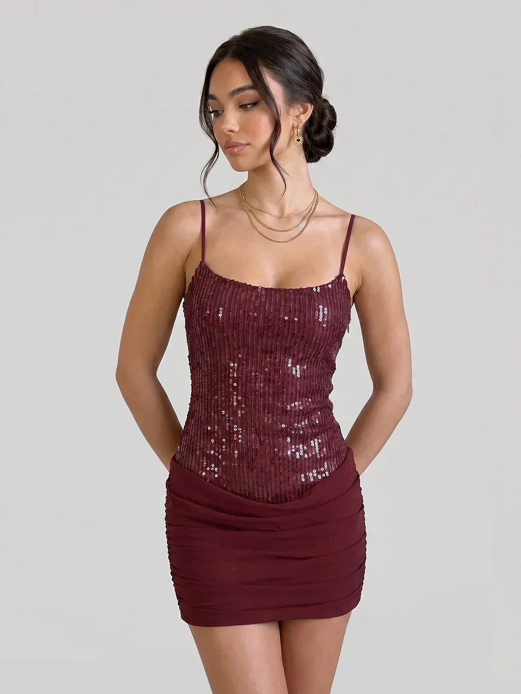 Corset-Back Sequin Mini with Draped Skirt