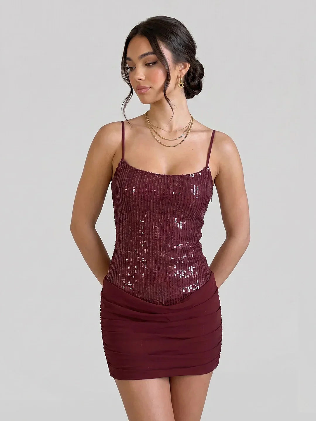 Corset-Back Sequin Mini with Draped Skirt