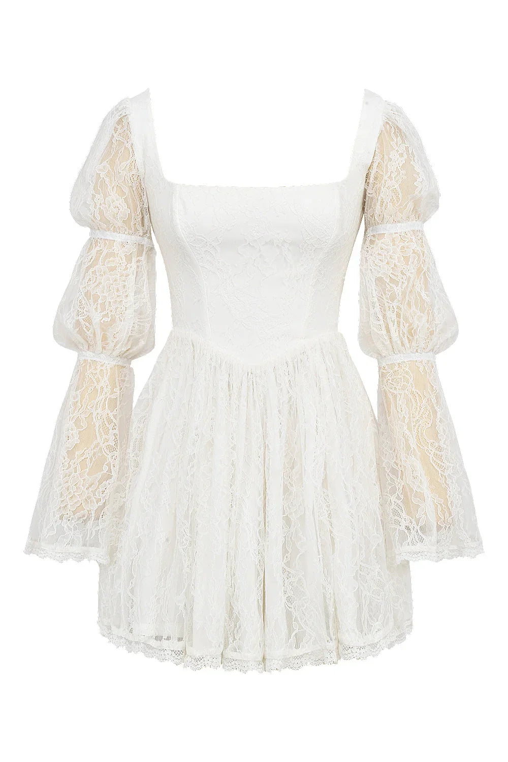 white lace puff sleeve mini dress
