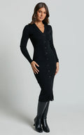 Leahanna Midi Dress - Button Front Knit Dress in Black