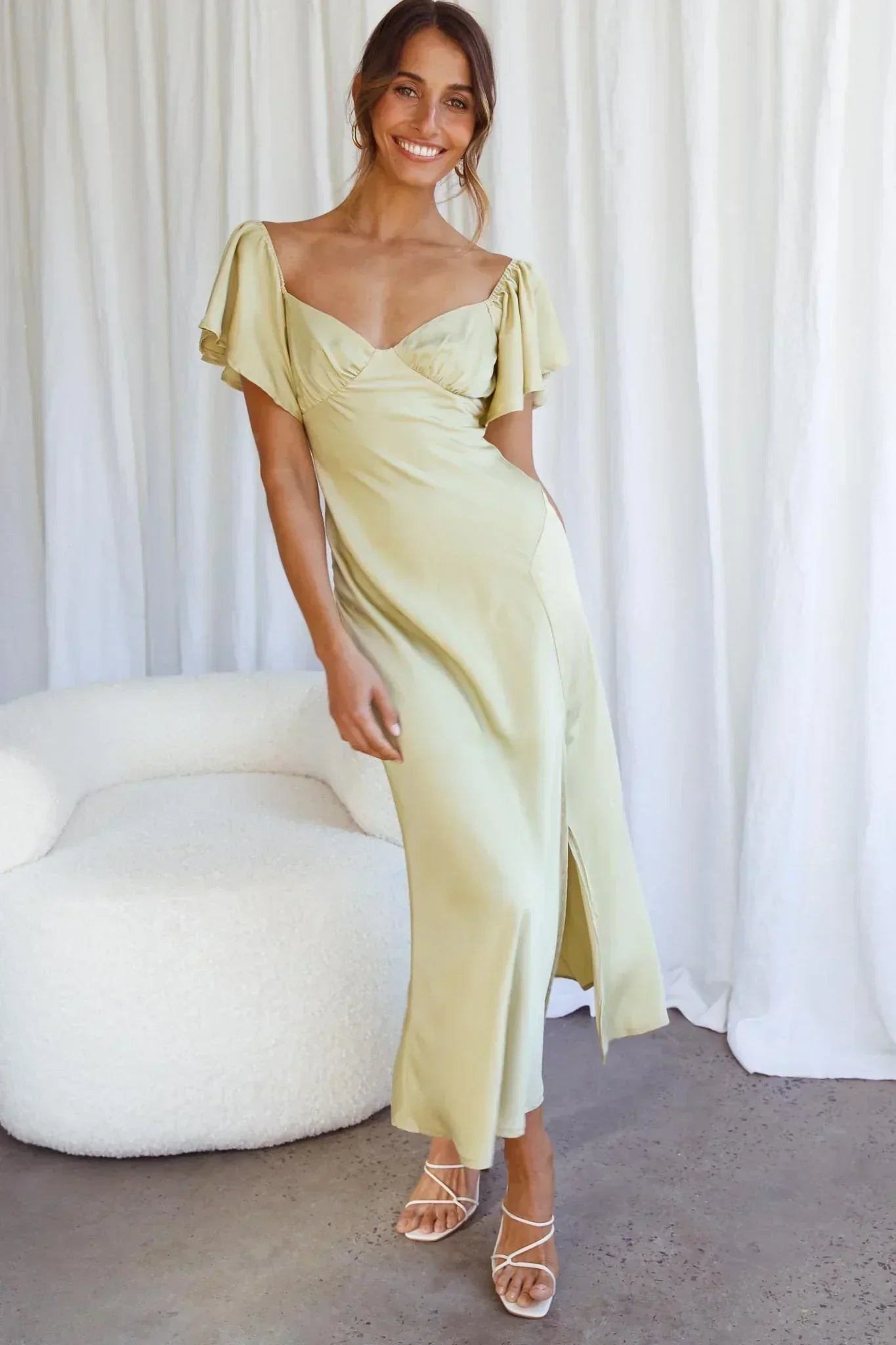 Park Avenue Flutter Sleeve Side Split Midi Dress Matcha