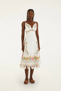 Off-White Flower Embroidery Asymetric Hem Midi Dress