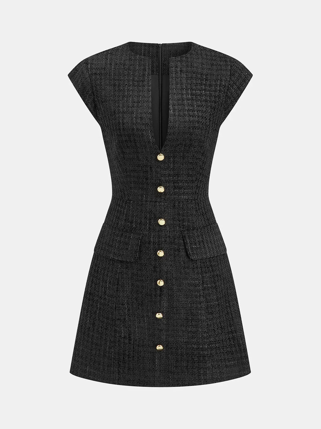 Metal Button Tweed Sleeveless Mini Dress