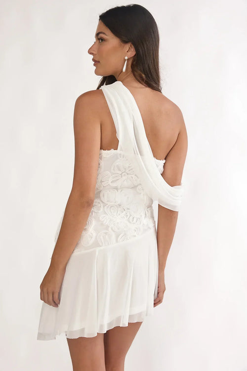 Anaisa One-Shoulder Draped Mini Dress Embellished Off White