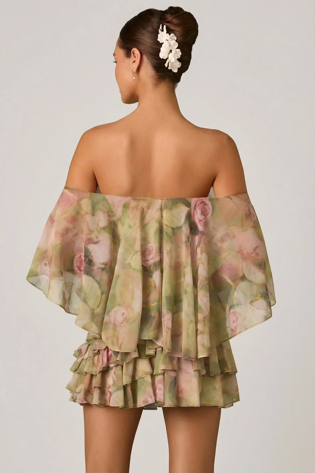 Off-Shoulder Ruffled Mini Dress in Floral Multi Print