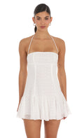 Embroidered Floral Flared Mini Dress in White