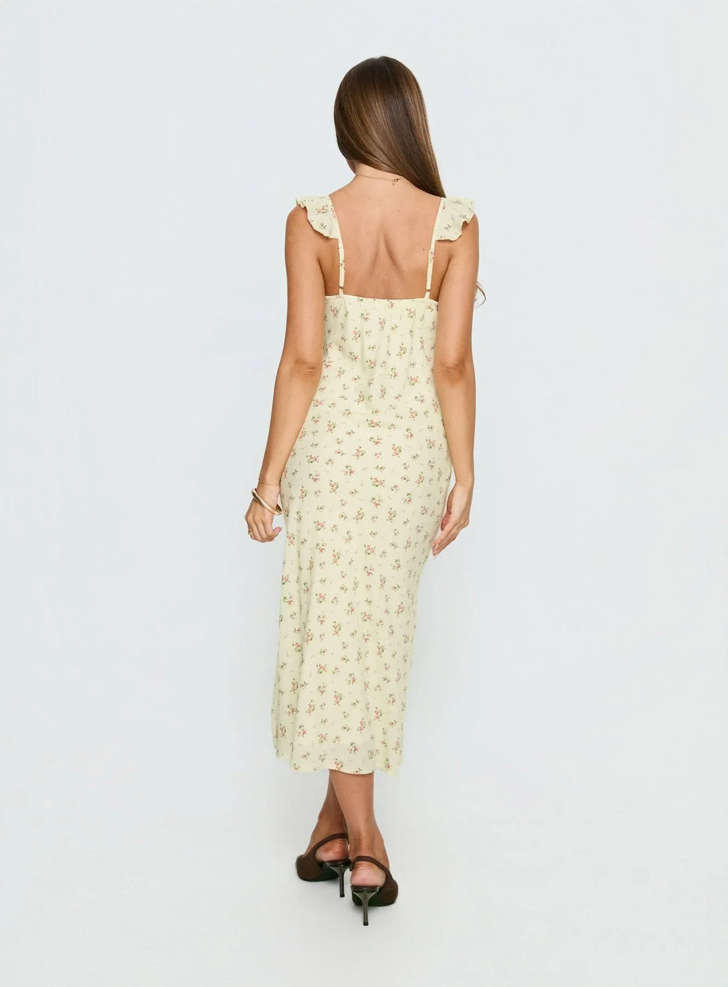 Leabelle Frill V Neck Maxi Dress Yellow Floral