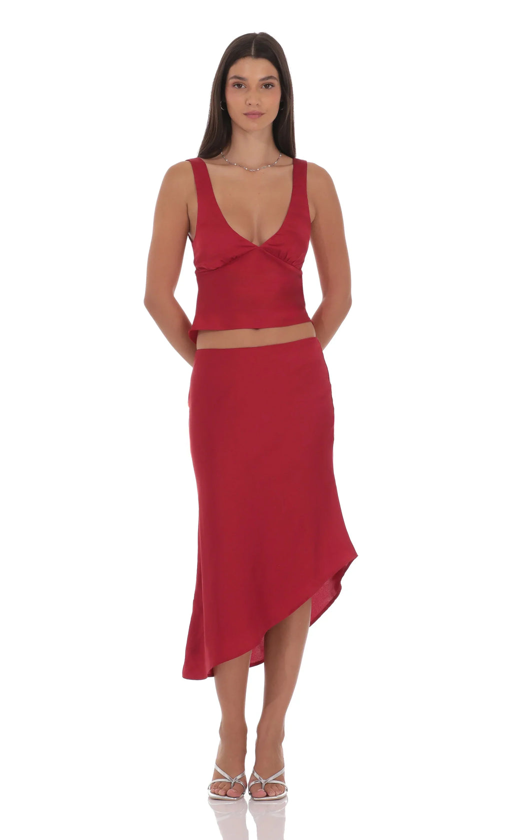 Satin V-Neck Top in Red