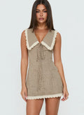 Mayci Collared Lace Trim Romper Brown Check