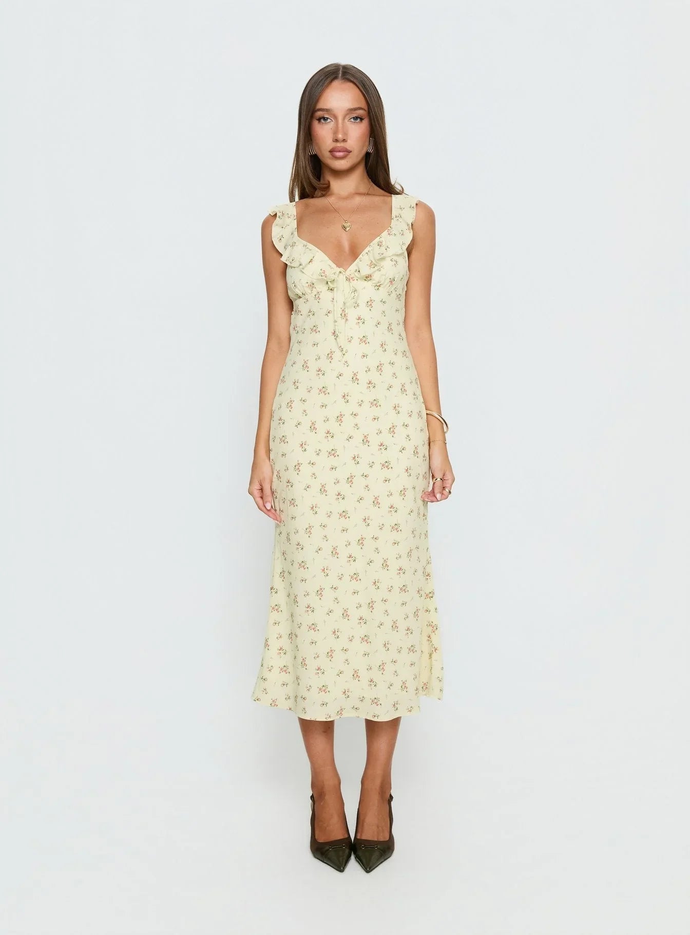 Leabelle Frill V Neck Maxi Dress Yellow Floral