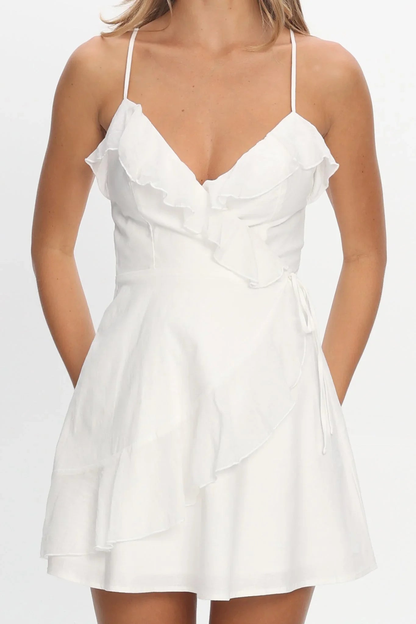 Clyde Wrap Ruffle Mini Dress White