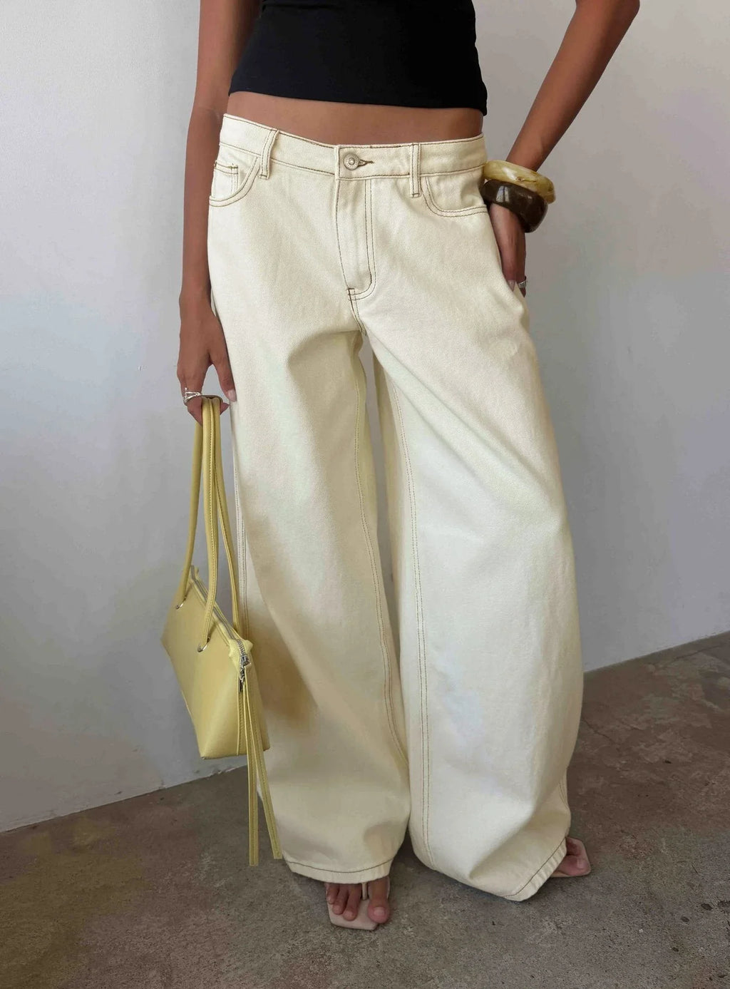 Ramos Low Rise Wide Leg Jeans Cream
