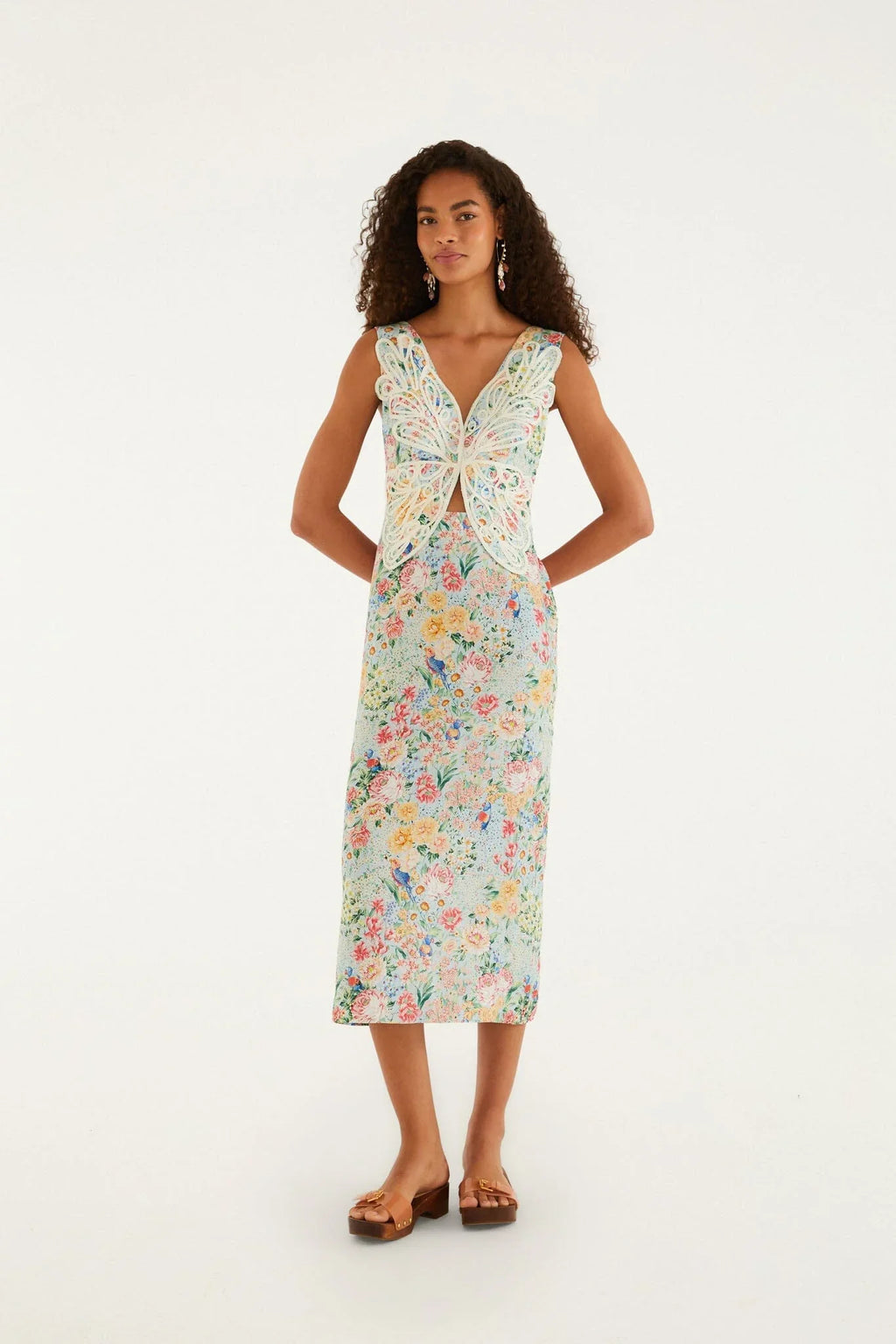 Multicolor Rendeira 3d Bodice  Midi Dress