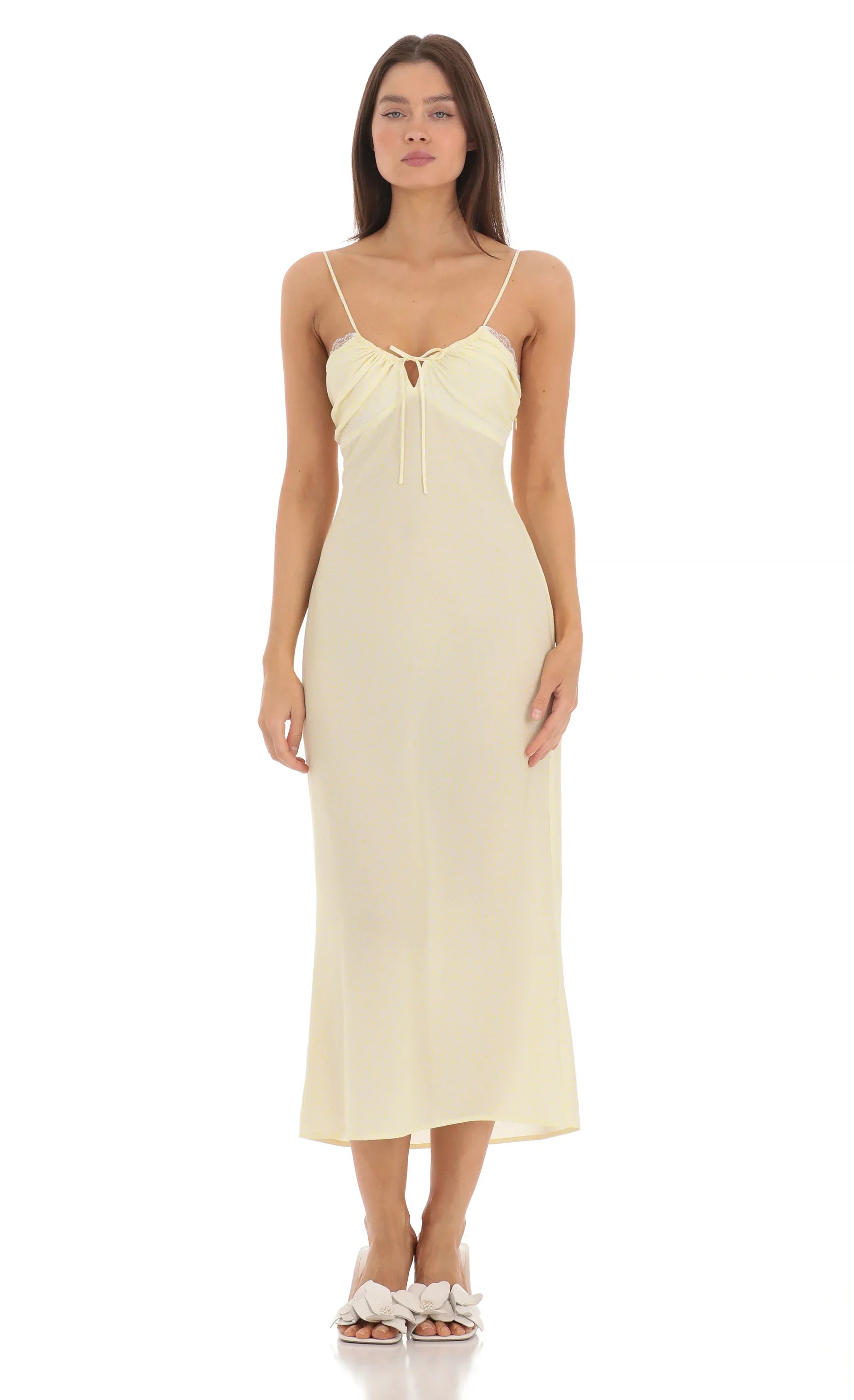 Lace Trim Front Tie Midi Dress in Yellow