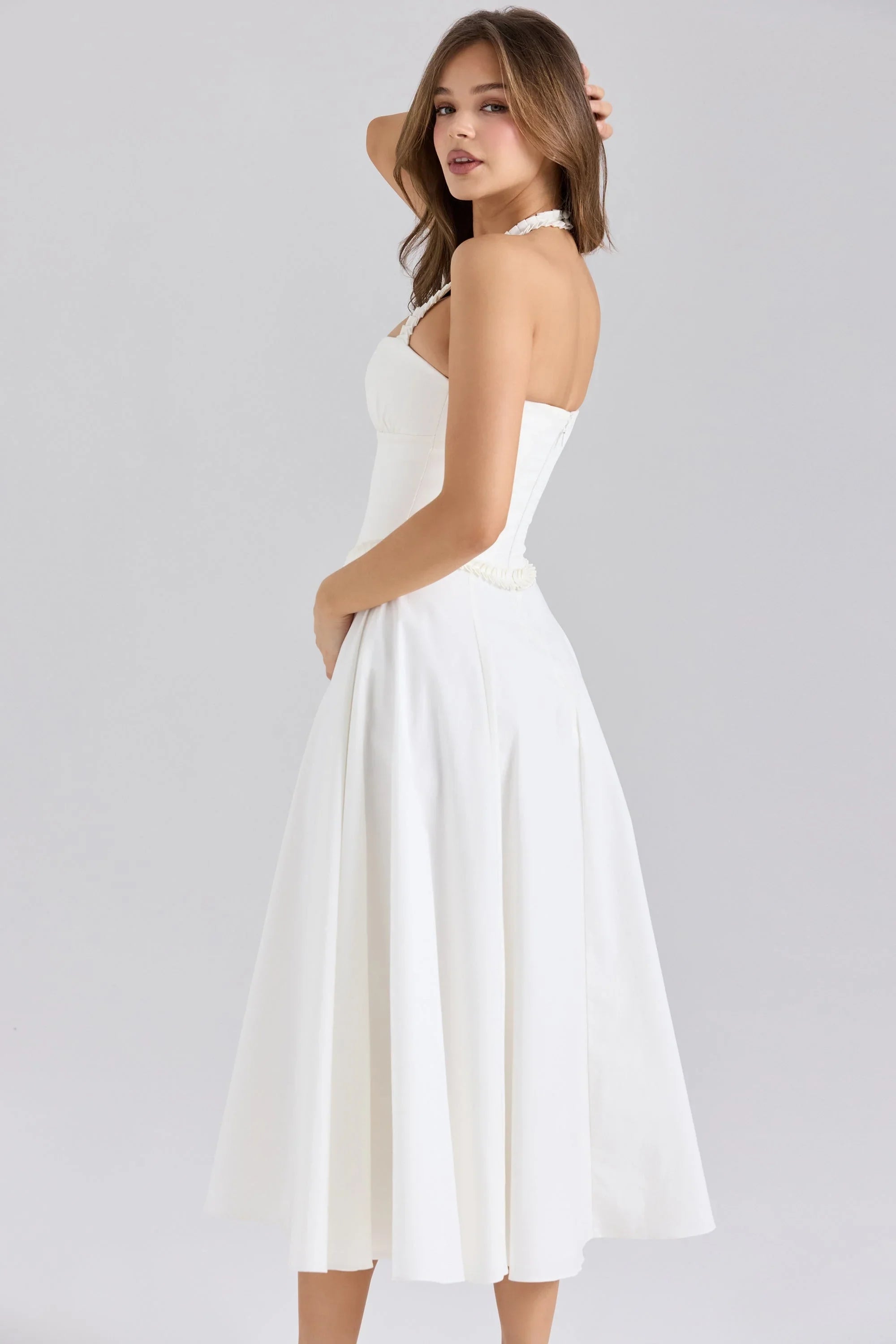 white stretch cotton halter neck midi dress