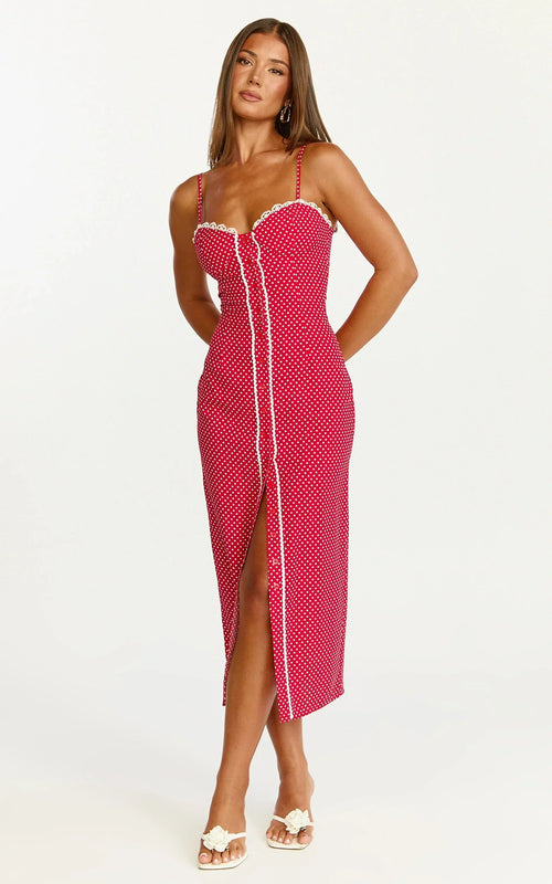 Camille Midi Dress - Button Front Bustier Lace Trim Fitted Dress in Red