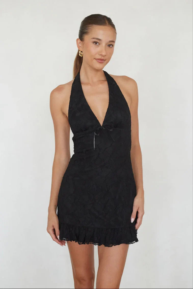 Fleur Lace Halter Ruffled Mini Dress