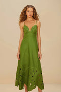 Green Monstera Embroidered Midi Dress