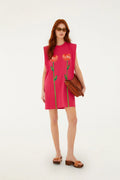 Pink Tropical Rose Padded Shoulders  Mini Dress