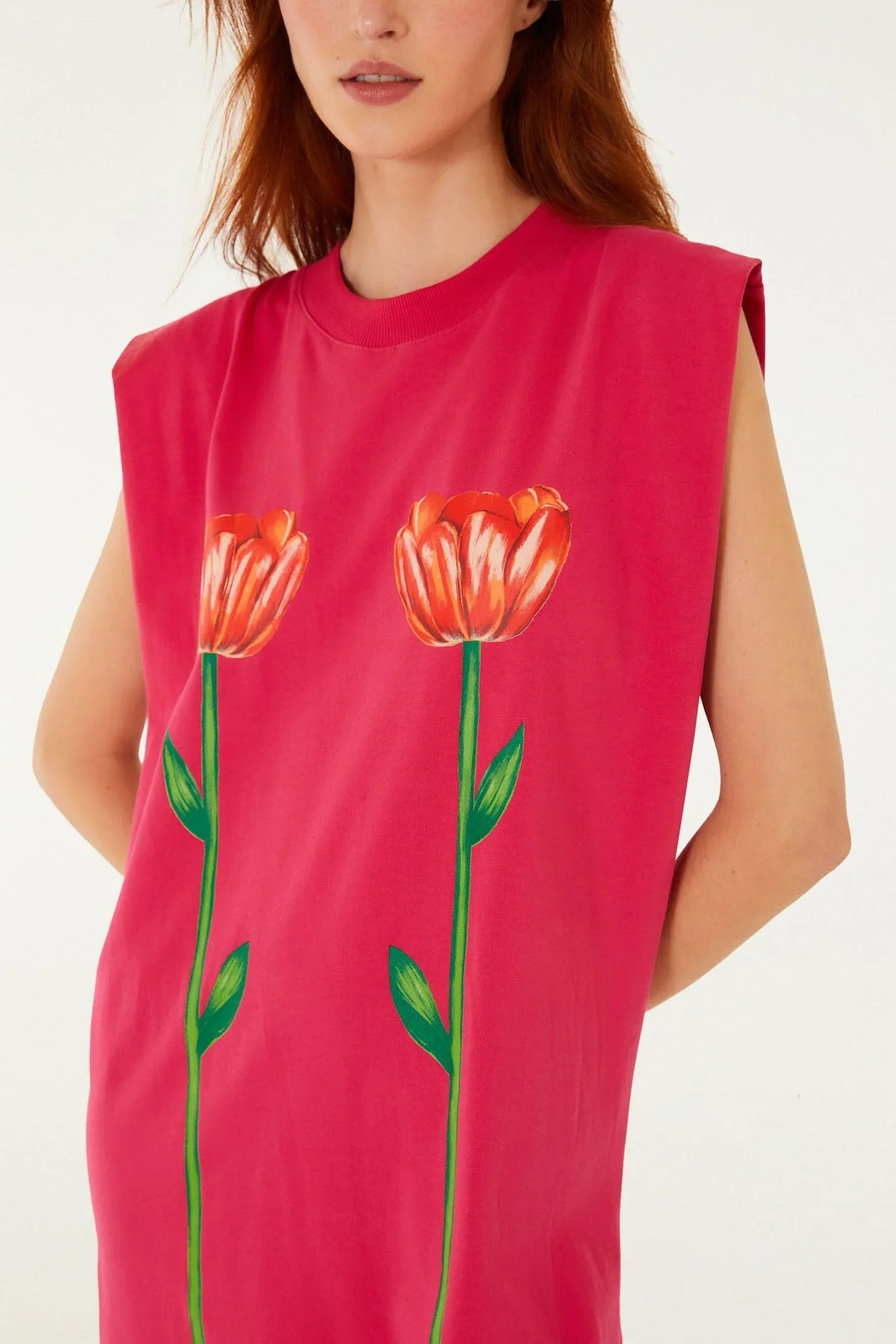 Pink Tropical Rose Padded Shoulders  Mini Dress
