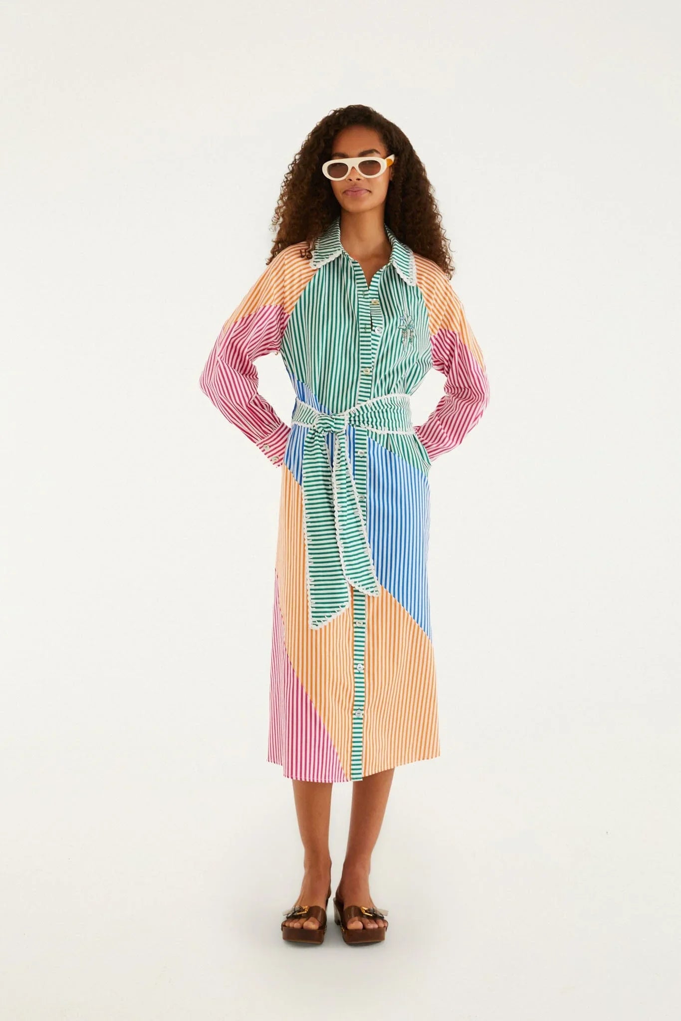 Multicolor Stripes Embroidered Belted  Midi Dress