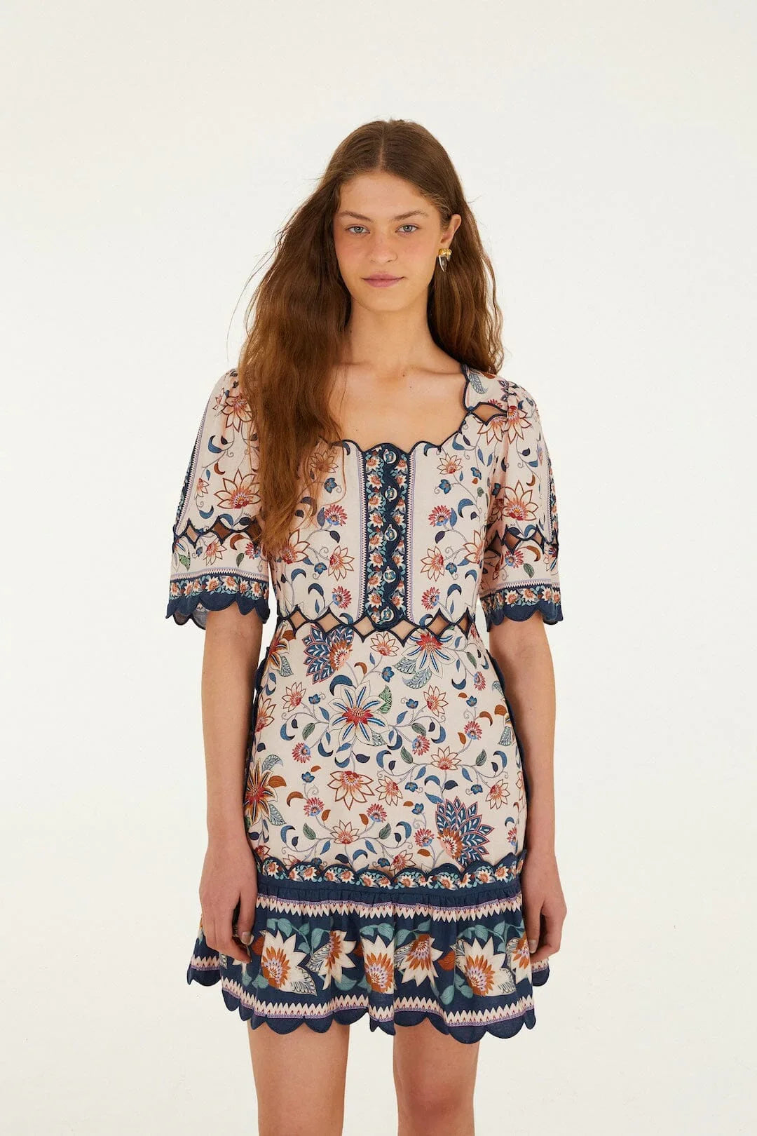 Pink Floral Delhi Tapestry Scallop Cut-Out Mini Dress