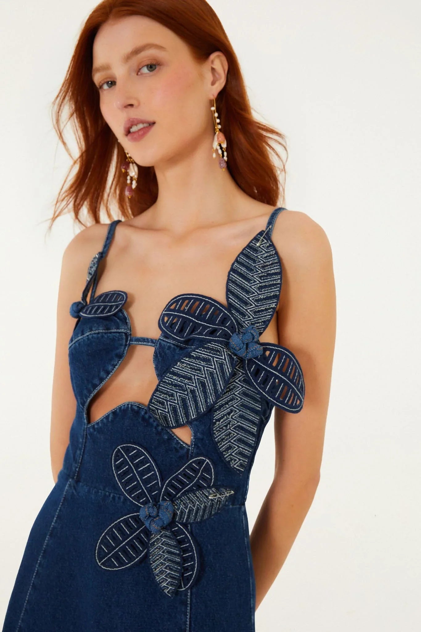 Denim 3D Flower Cut-Out Midi Dress