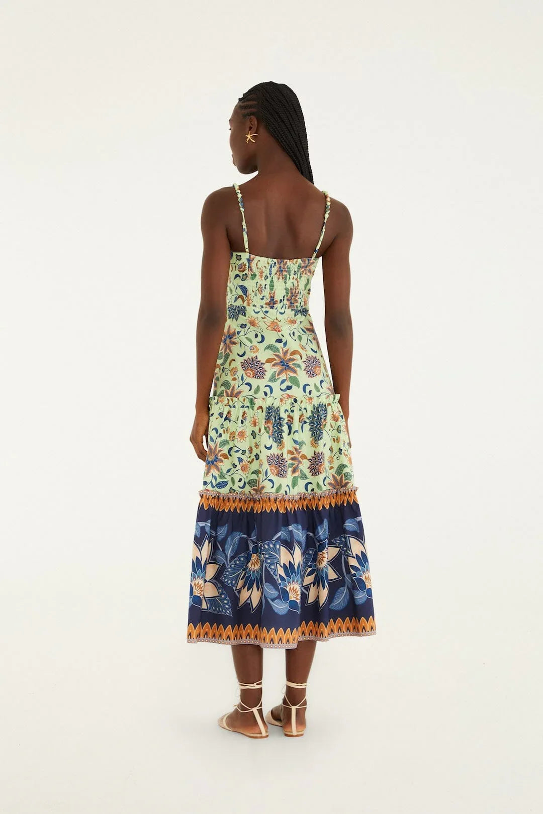 Green Floral Delhi Tapestry Beaded Straps Midi Dress