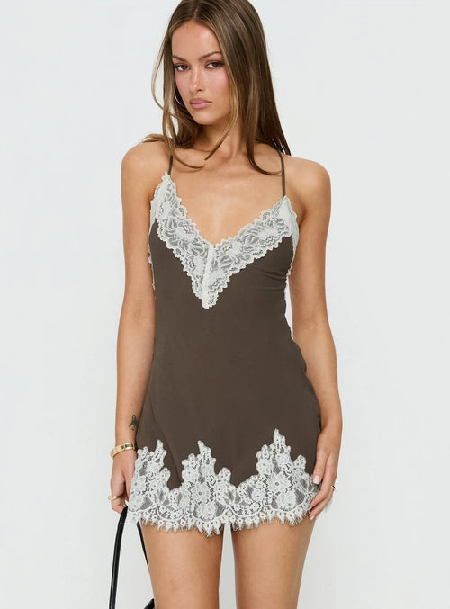 Call My Lover Lace Slip Mini Dress Brown / Cream