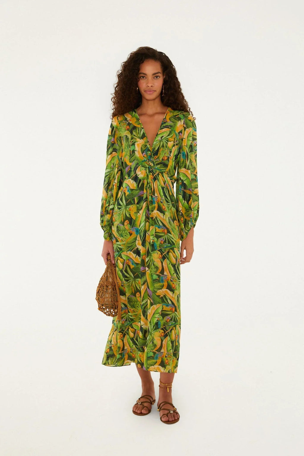 Green Forest Parrots Long Sleeve Midi Dress