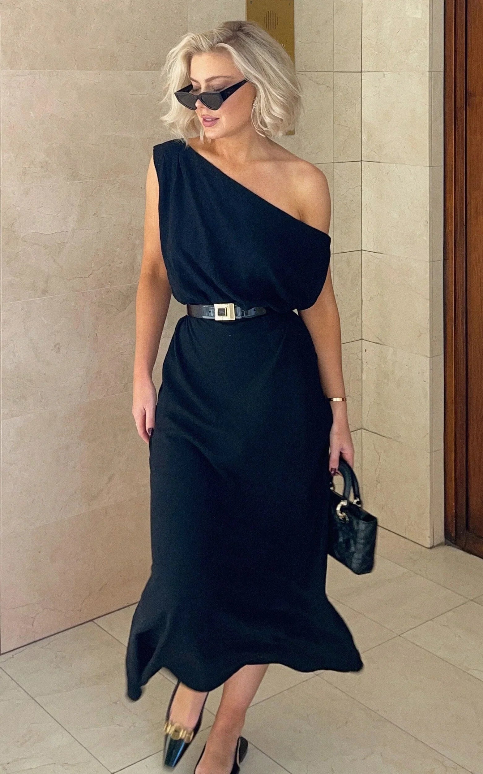 Jacqueline Midi Dress - Linen One Shoulder Dress in Black