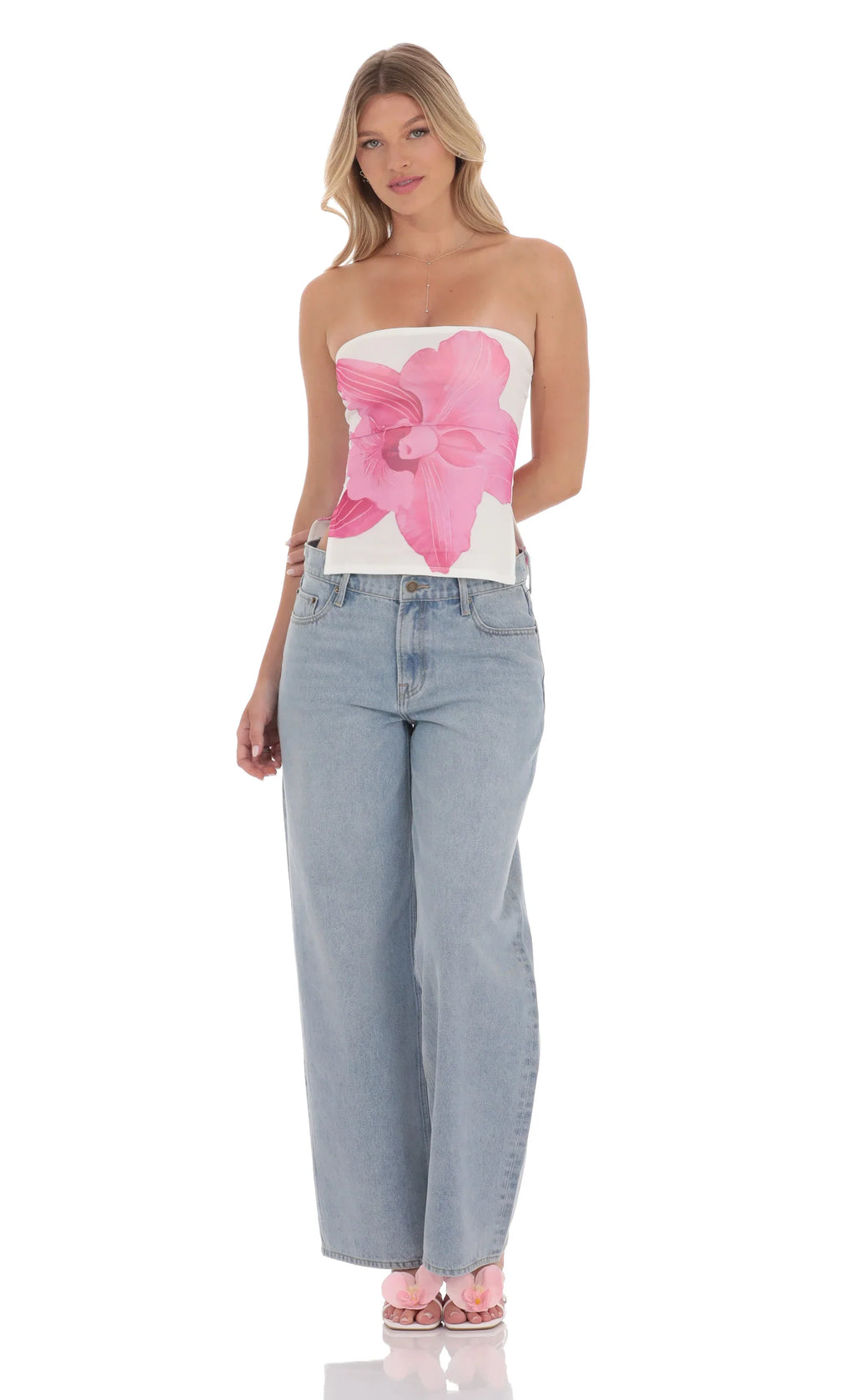 Mesh Floral Slit Top in White