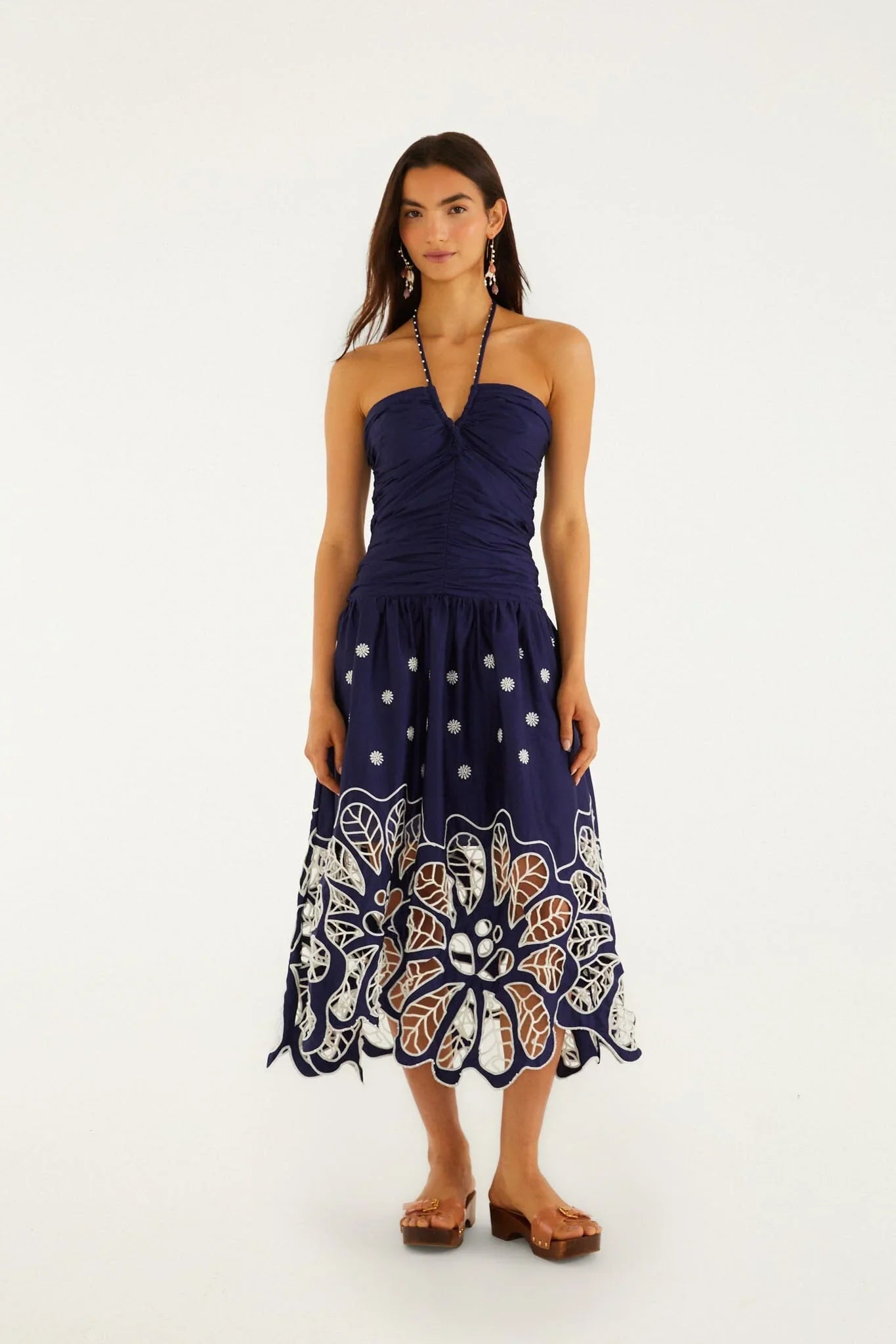 Navy Blue Embroidered Richelieu Midi Dress