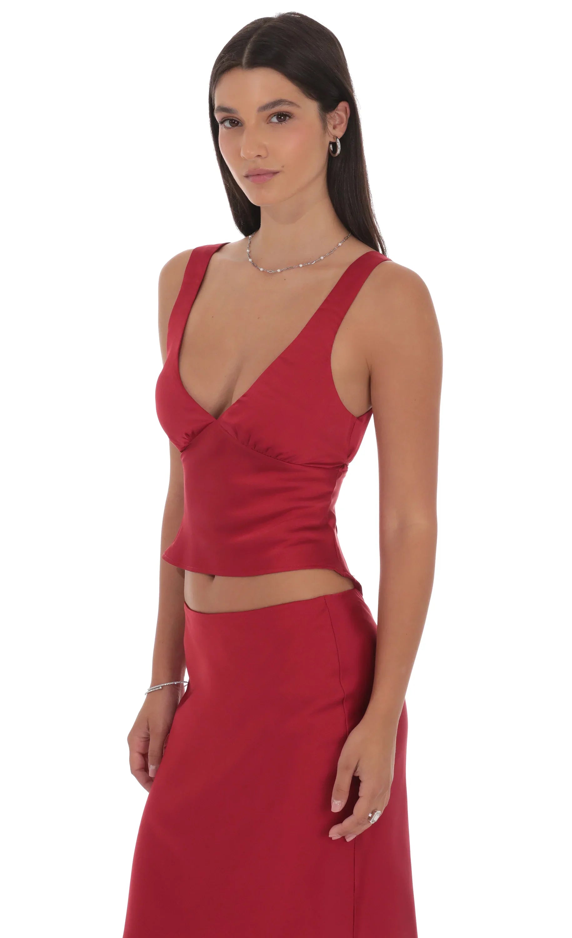 Satin V-Neck Top in Red