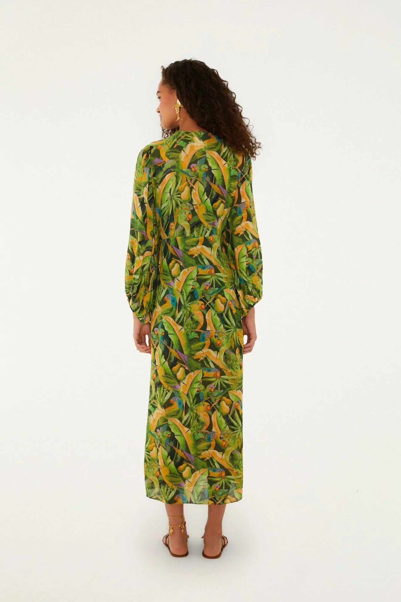 Green Forest Parrots Long Sleeve Midi Dress