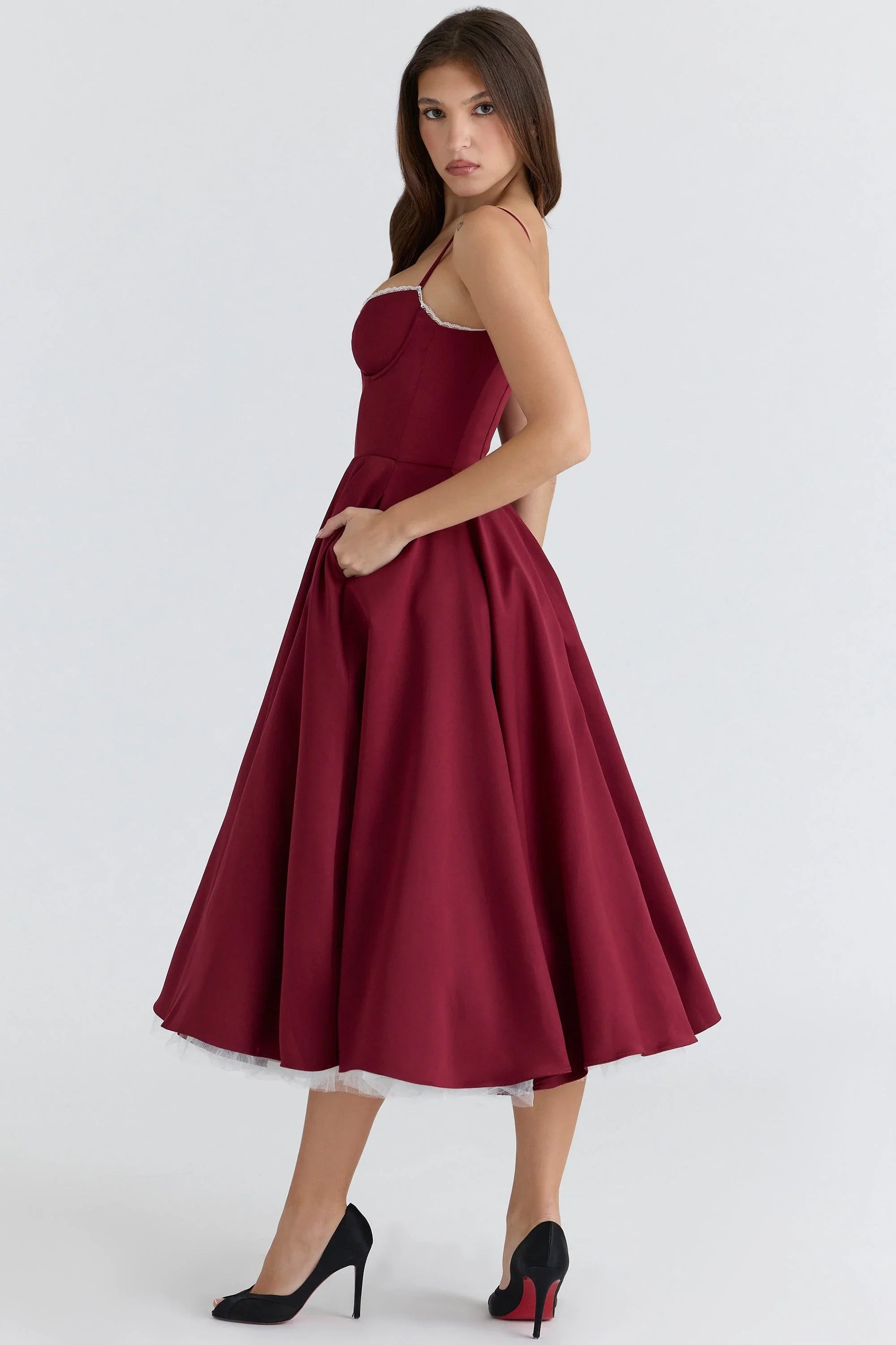 wine satin tulle midi dress