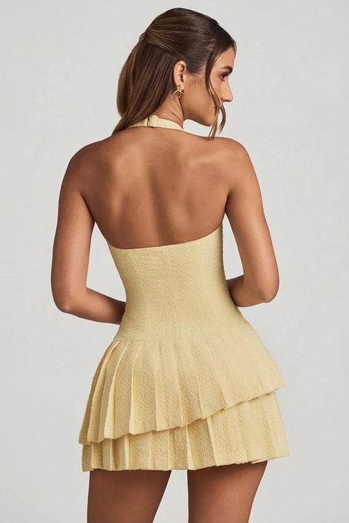Asymmetric Layered Halterneck Mini Dress in Pastel Yellow