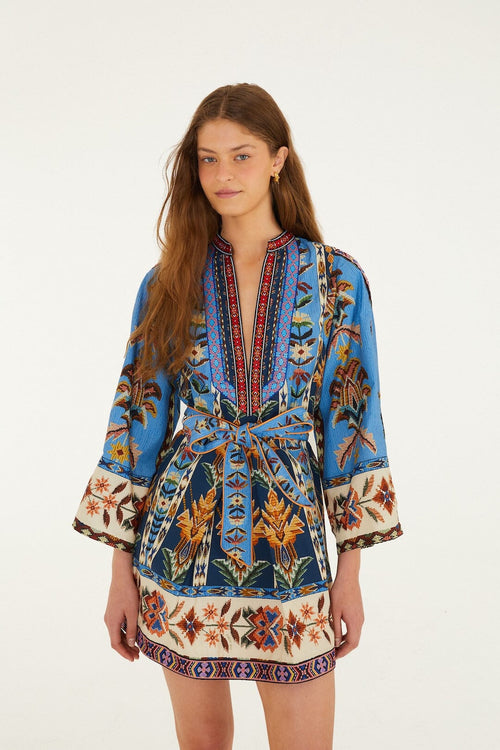 Blue Embroidered Tapestry  Mini Dress