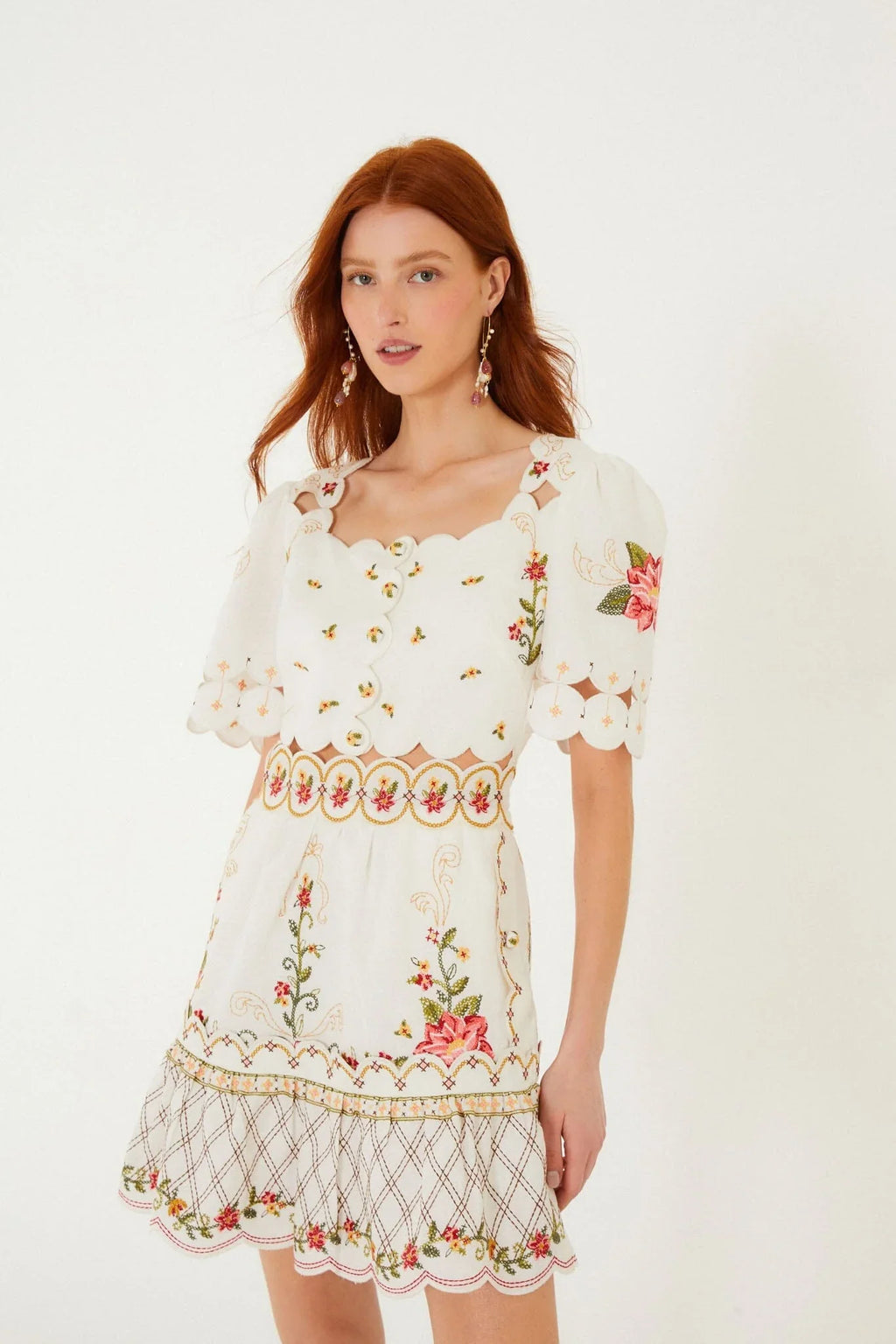 Off-White Flower Embroidery Scalloped Mini Dress