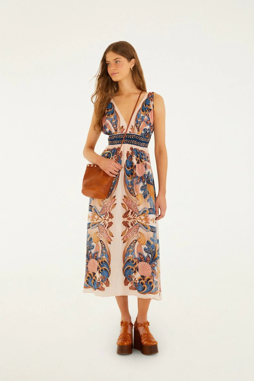 Soft Pink Garden Scarf V Neck Midi Dress