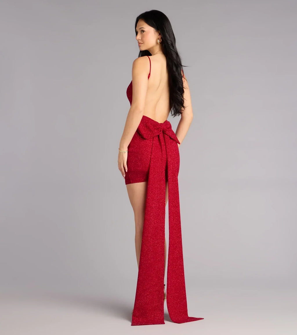 Toni Glitter Open Back Bow Mini Dress